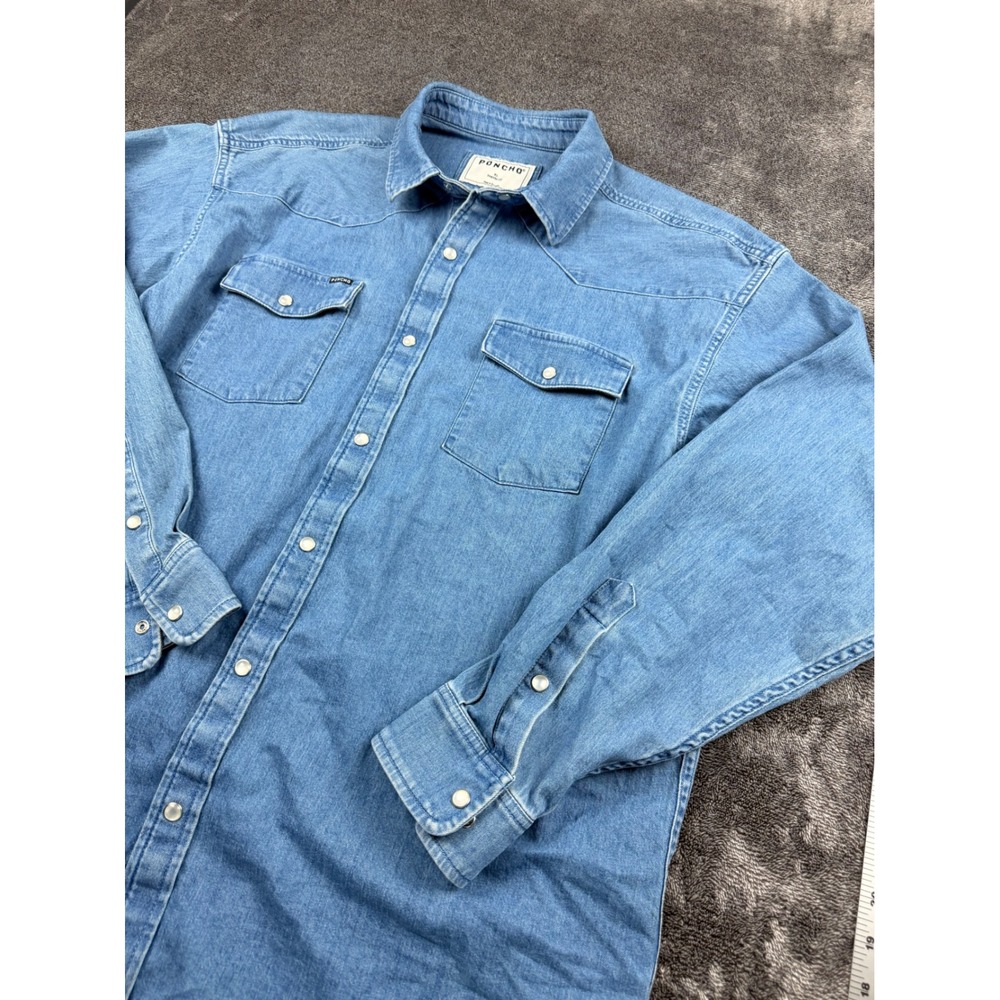 Poncho Outdoors Mens XL Light Wash Denim Western Pearl Snap Long Sleeve Shirt